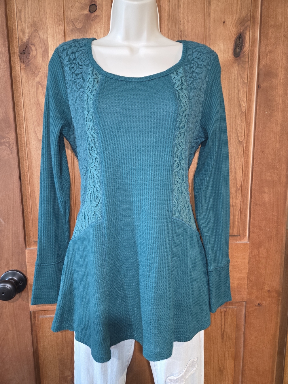 Symmetry Teal Lace-Panel Long Sleeve Tunic